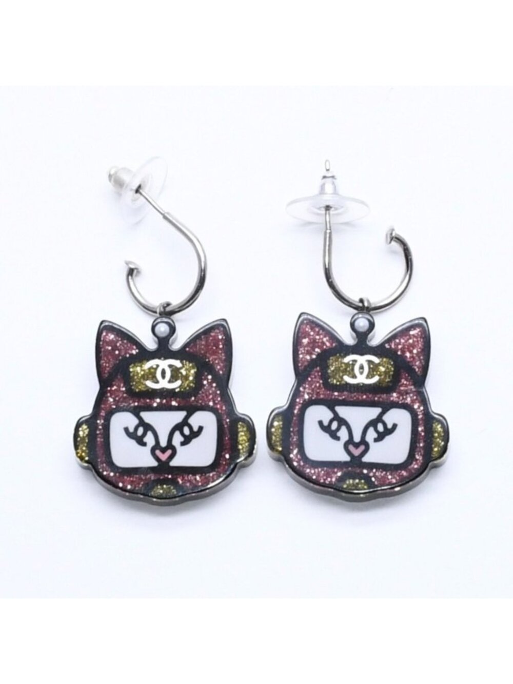 Chanel Earrings Robot Cat Pink Yellow Glitter 17